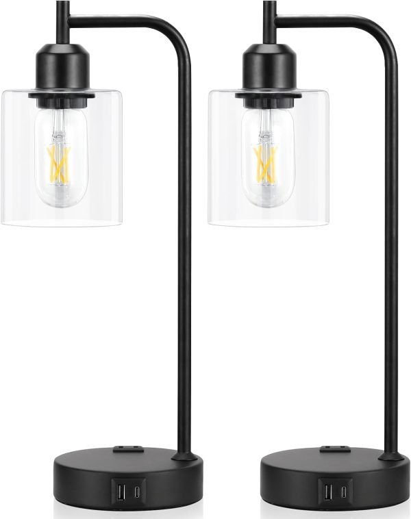 wholesale industrial touch table lamps for bedrooms set of 2 - 3-way dimmable nightstand lamps with usb c+a ports and outlet, black bedside lamps with glass shade for living room, desk lamps for home office free samples