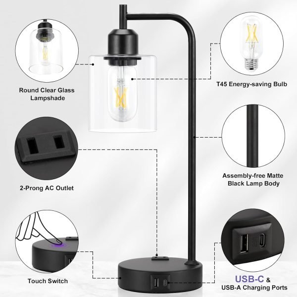 wholesale industrial touch table lamps for bedrooms set of 2 - 3-way dimmable nightstand lamps with usb c+a ports and outlet, black bedside lamps with glass shade for living room, desk lamps for home office free samples