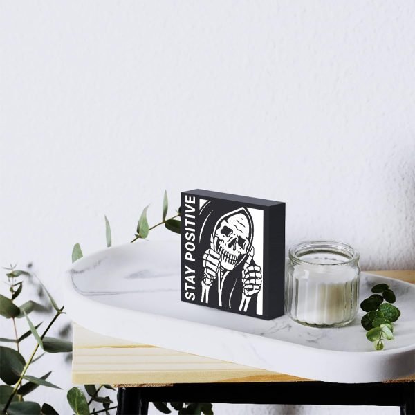 wholesale inspirational skeleton man wooden box sign plaque stay positive black wood box sign rustic art home office shelf desk decor 5 x 5 x 1.2 inches free samples