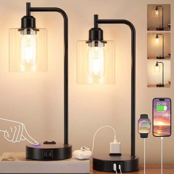 wholesale industrial touch table lamps for bedrooms set of 2 - 3-way dimmable nightstand lamps with usb c+a ports and outlet, black bedside lamps with glass shade for living room, desk lamps for home office free samples