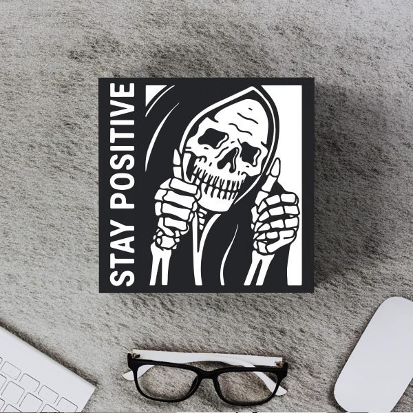 wholesale inspirational skeleton man wooden box sign plaque stay positive black wood box sign rustic art home office shelf desk decor 5 x 5 x 1.2 inches free samples